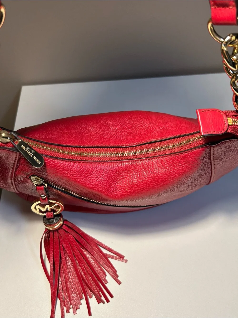 Michael Kors Red Leather Tassel Hobo Shoulder Bag Gold Hardware